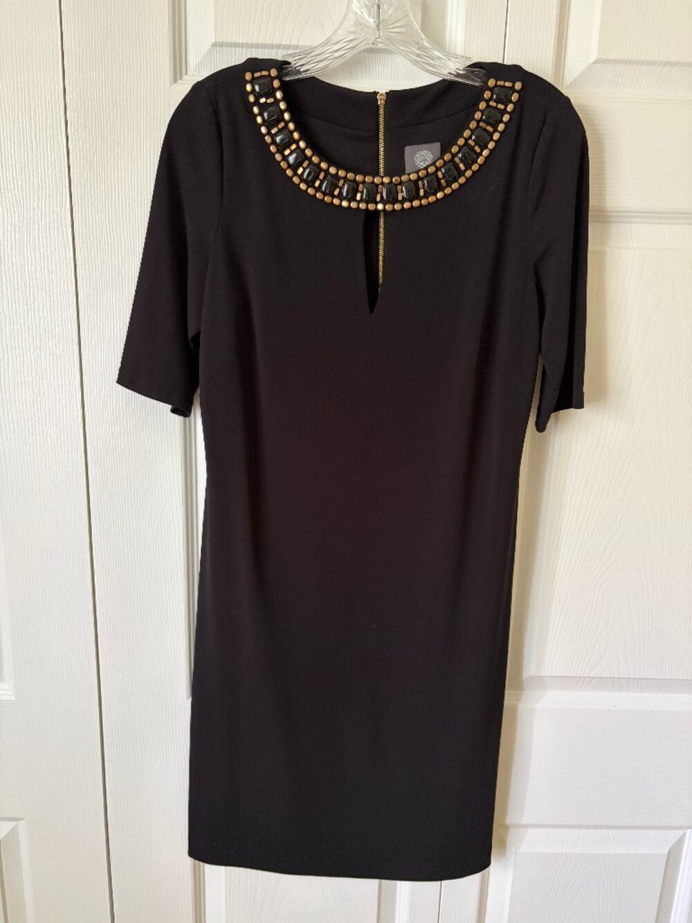 Vince Camuto Short Sleeve Embellished Neck Cocktail Dress